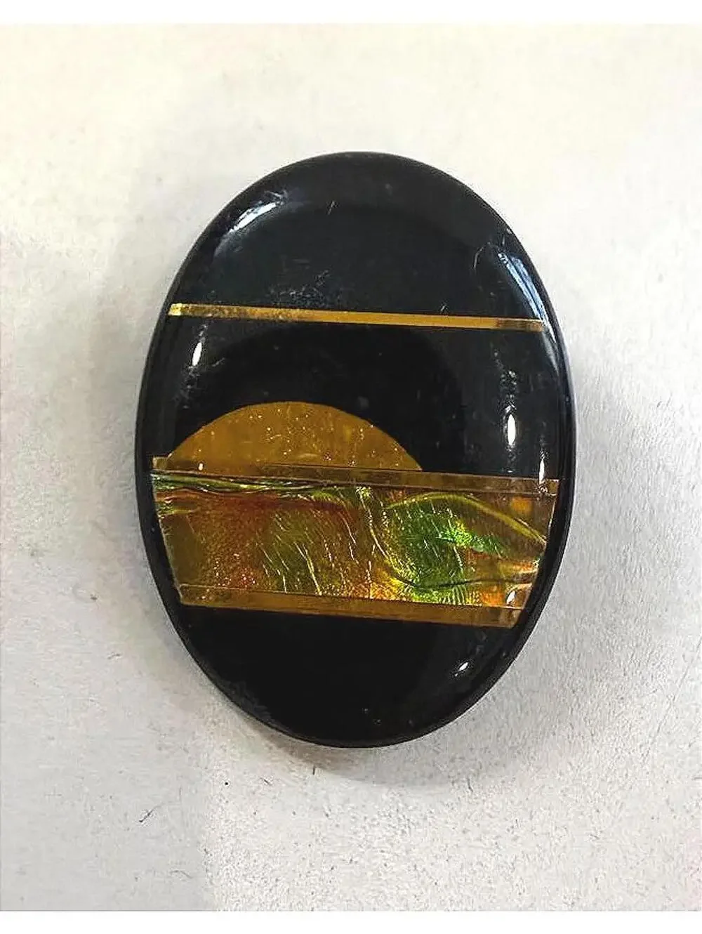 Vintage Black and Amber Resin Oval Brooch Pin landscape sunset
